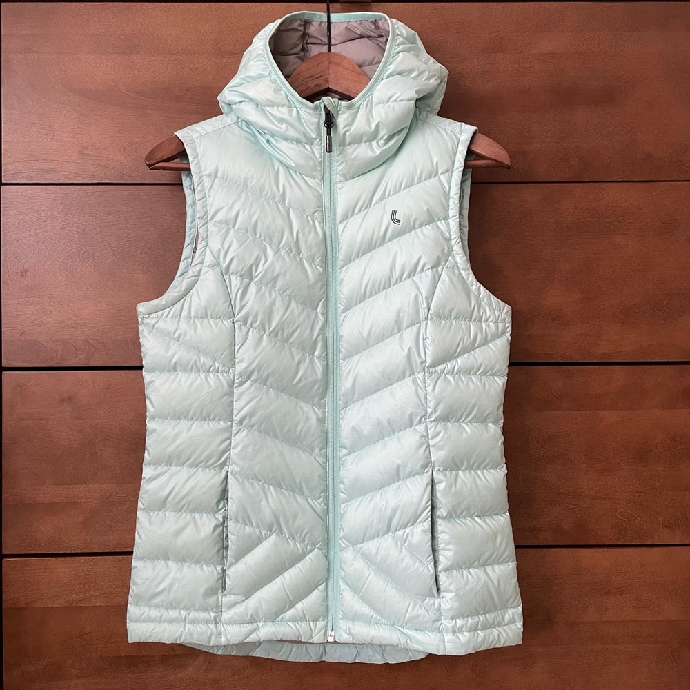 Lole Puffer 90% Down Vest Small Quilted Hooded Ice Green Outdoor Lightweight